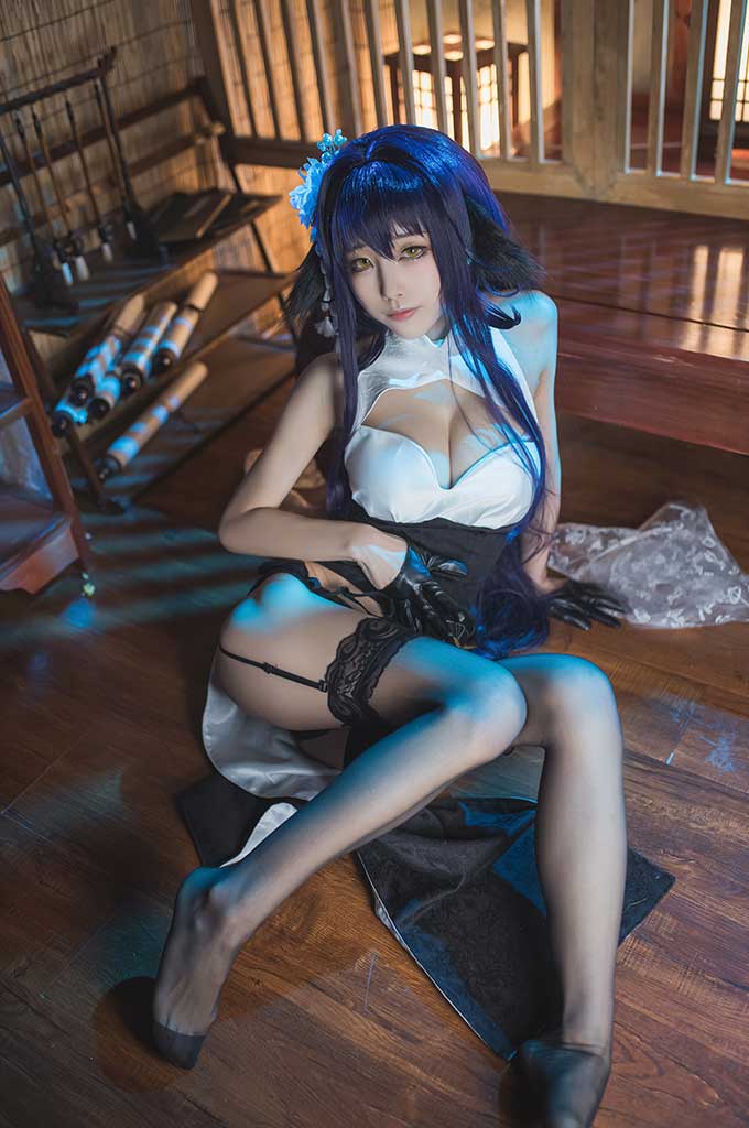 水淼Aqua碧蓝航线 吾妻cosplay紫蓝发黑白旗袍吊带黑丝缩略图1