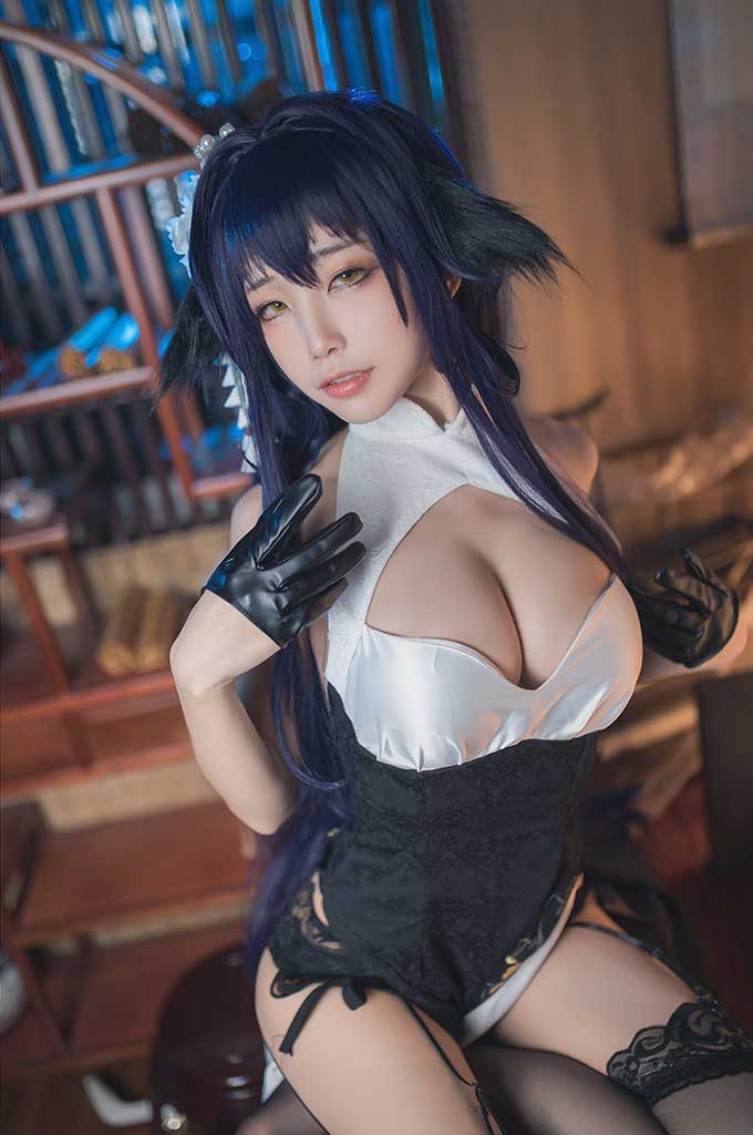 水淼Aqua碧蓝航线 吾妻cosplay紫蓝发黑白旗袍吊带黑丝缩略图3