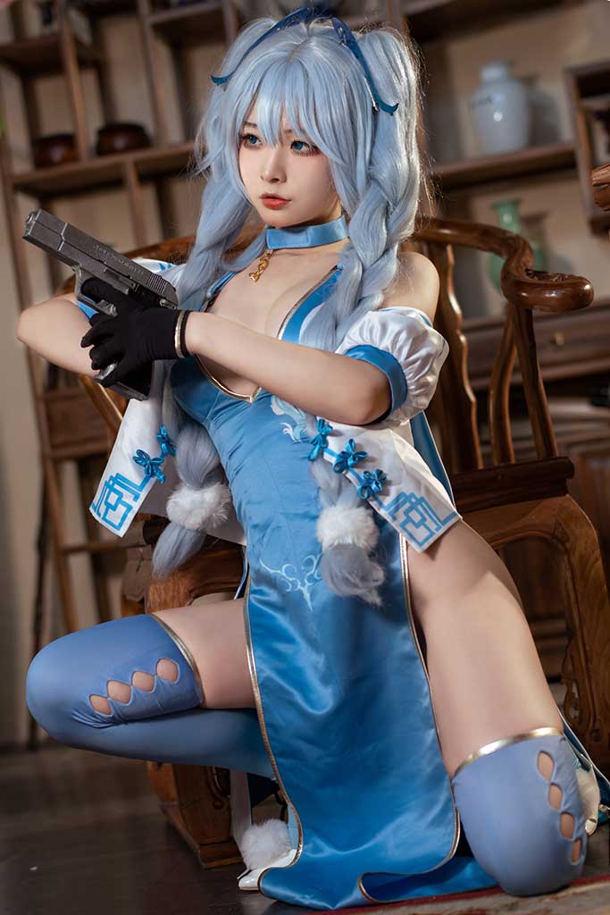 yuuhui玉汇 少女前线PA-15 cosplay浅蓝发天蓝旗袍蓝丝袜白高跟缩略图3